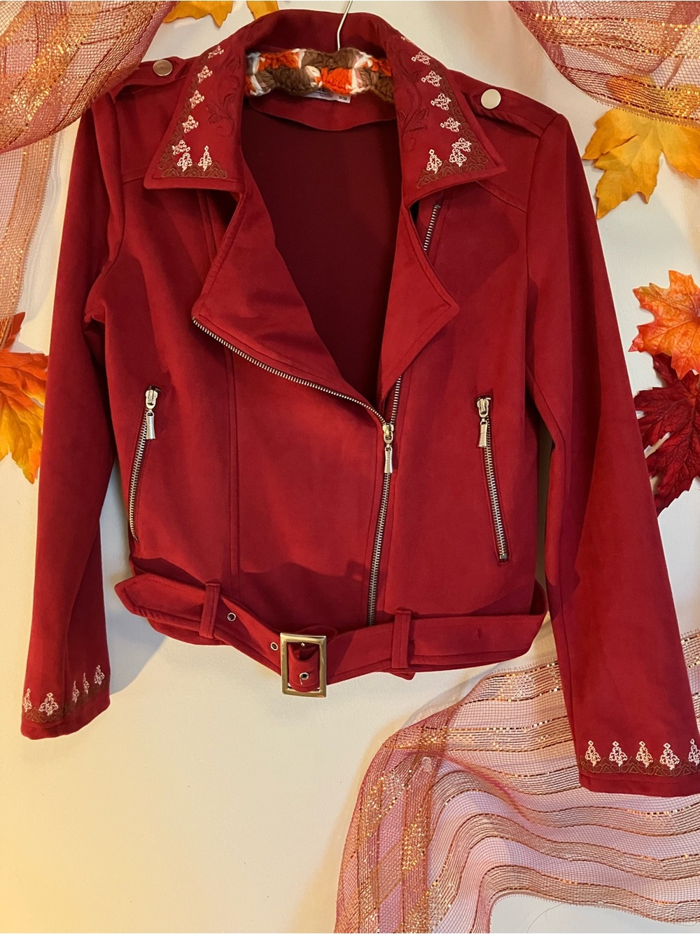 Women’s Faux Suede Red Jacket with Embroidered Collar